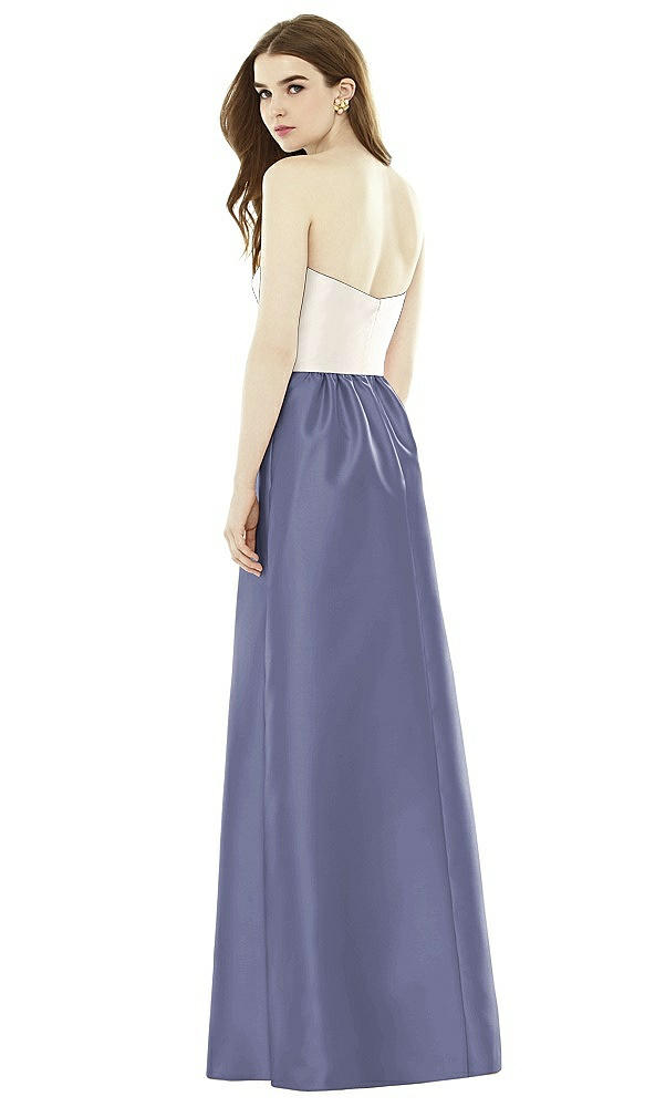 Back View - French Blue & Ivory Full Length Strapless Satin Twill dress with Pockets