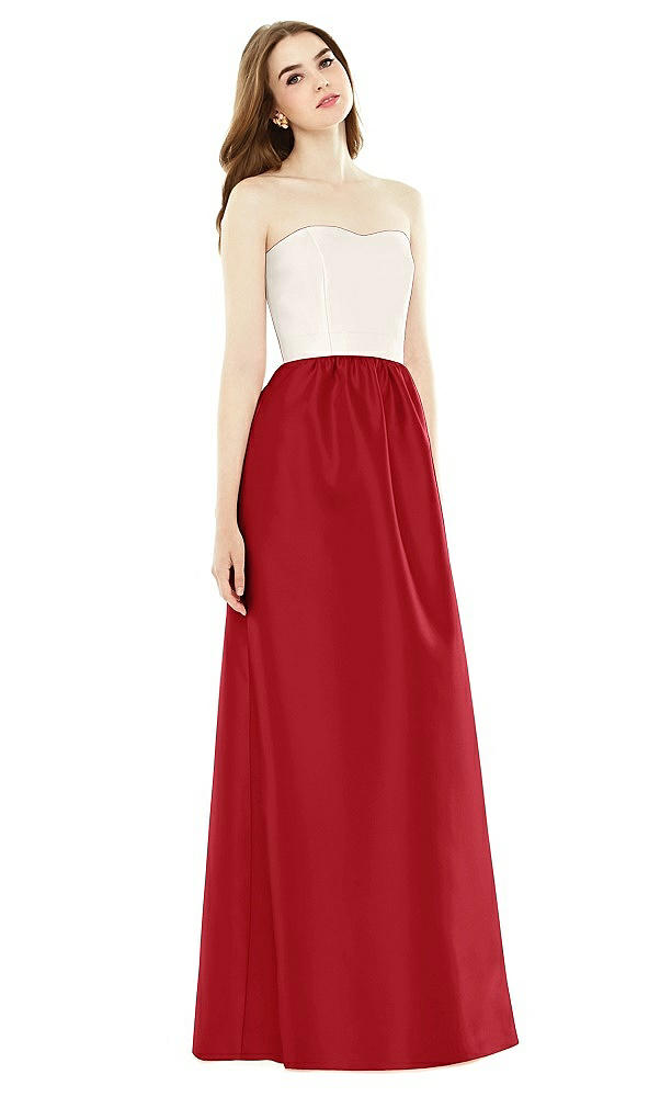 Front View - Garnet & Ivory Full Length Strapless Satin Twill dress with Pockets