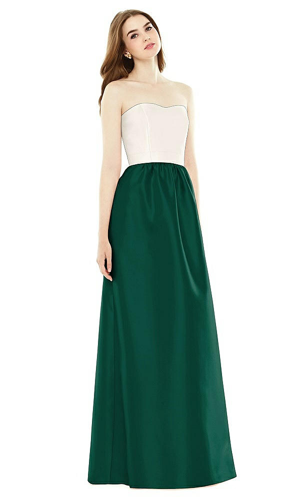 Front View - Hunter Green & Ivory Full Length Strapless Satin Twill dress with Pockets
