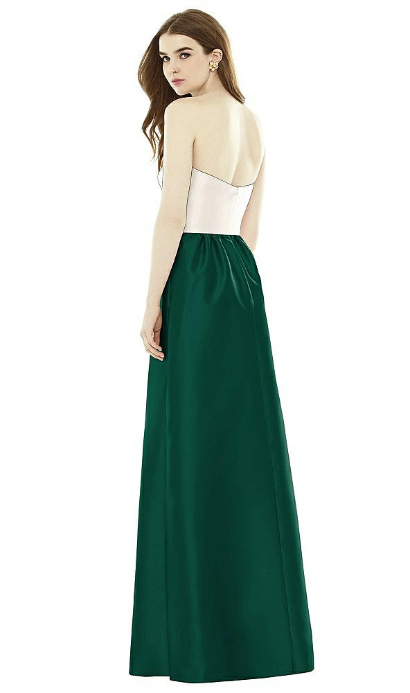 Back View - Hunter Green & Ivory Full Length Strapless Satin Twill dress with Pockets