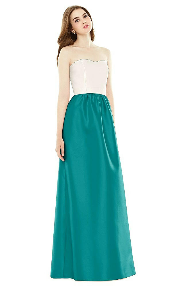 Front View - Jade & Ivory Full Length Strapless Satin Twill dress with Pockets