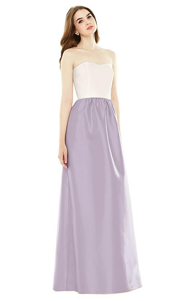 Front View - Lilac Haze & Ivory Full Length Strapless Satin Twill dress with Pockets