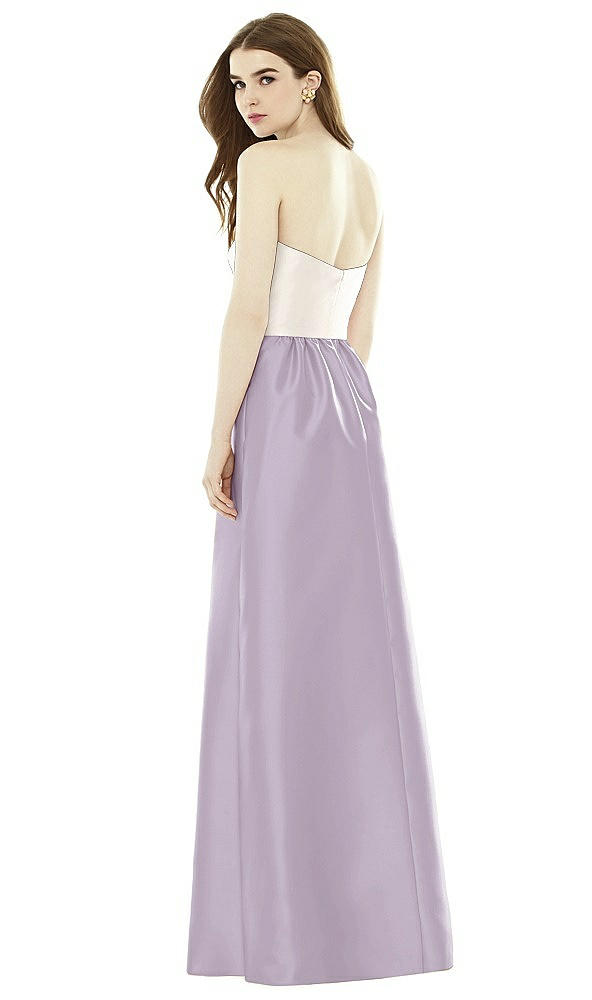 Back View - Lilac Haze & Ivory Full Length Strapless Satin Twill dress with Pockets