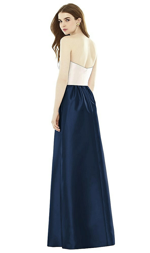 Back View - Midnight Navy & Ivory Full Length Strapless Satin Twill dress with Pockets