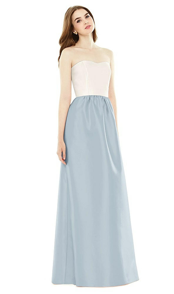 Front View - Mist & Ivory Full Length Strapless Satin Twill dress with Pockets