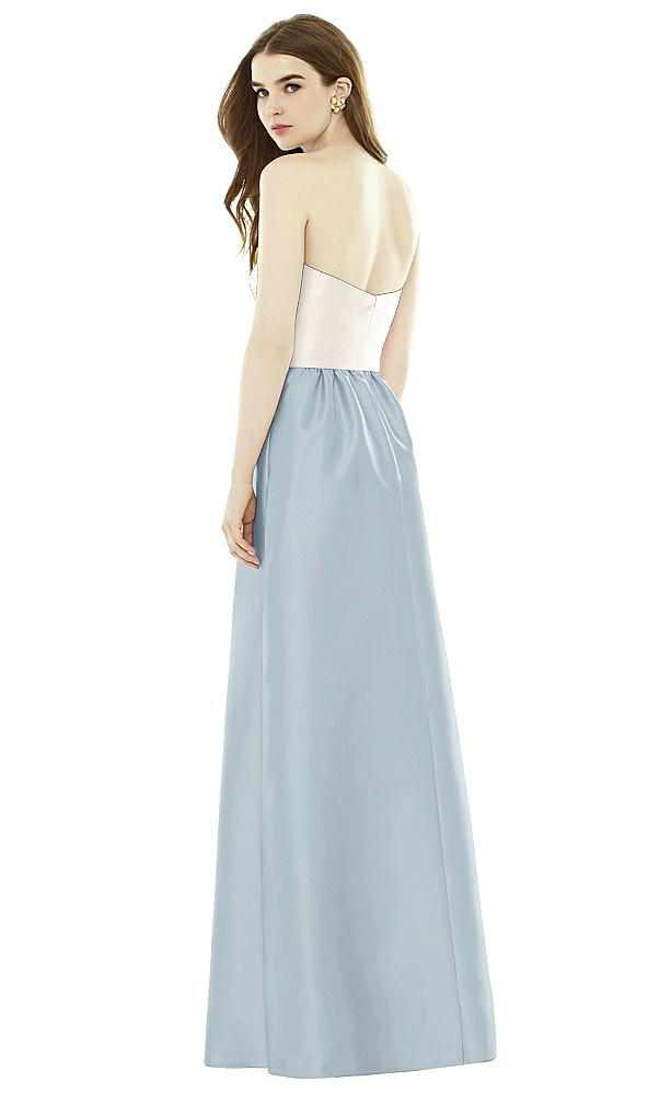 Back View - Mist & Ivory Full Length Strapless Satin Twill dress with Pockets