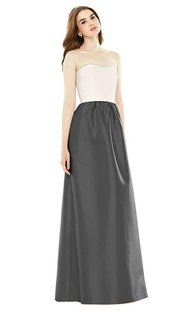Front View - Pewter & Ivory Full Length Strapless Satin Twill dress with Pockets