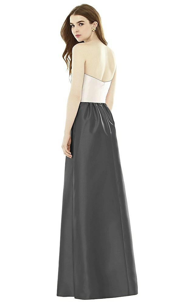 Back View - Pewter & Ivory Full Length Strapless Satin Twill dress with Pockets