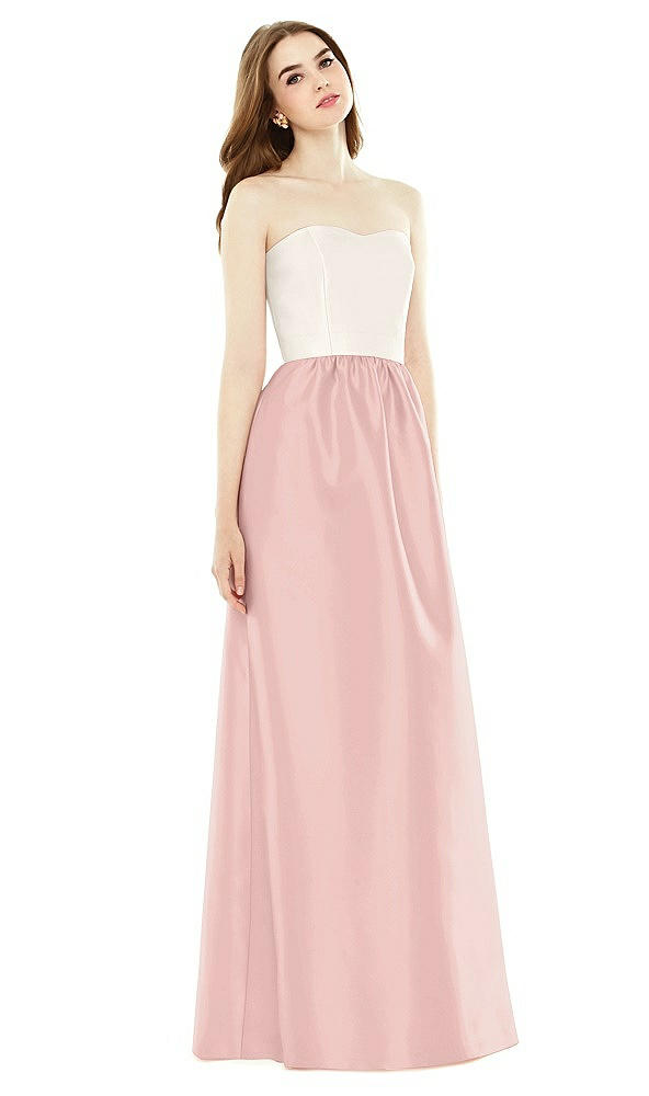 Front View - Rose - PANTONE Rose Quartz & Ivory Full Length Strapless Satin Twill dress with Pockets