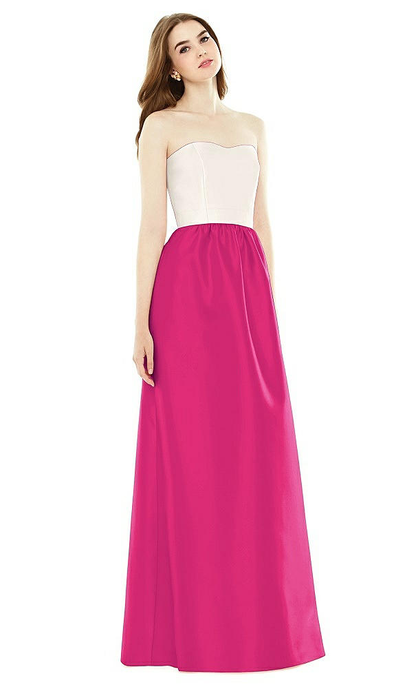 Front View - Think Pink & Ivory Full Length Strapless Satin Twill dress with Pockets