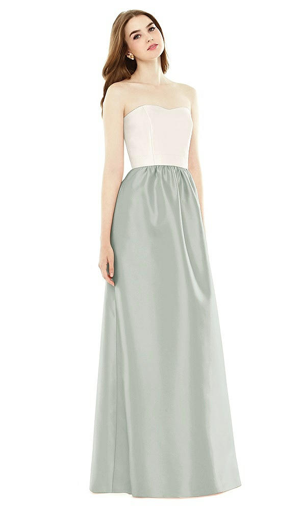 Front View - Willow Green & Ivory Full Length Strapless Satin Twill dress with Pockets