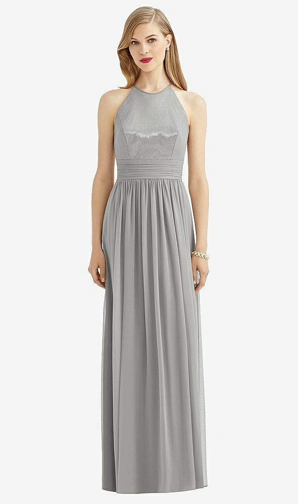 Front View - Chelsea Gray Halter Lux Chiffon Sequin Bodice Dress