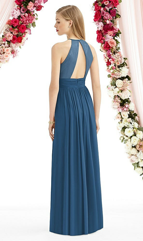 Back View - Dusk Blue Halter Lux Chiffon Sequin Bodice Dress