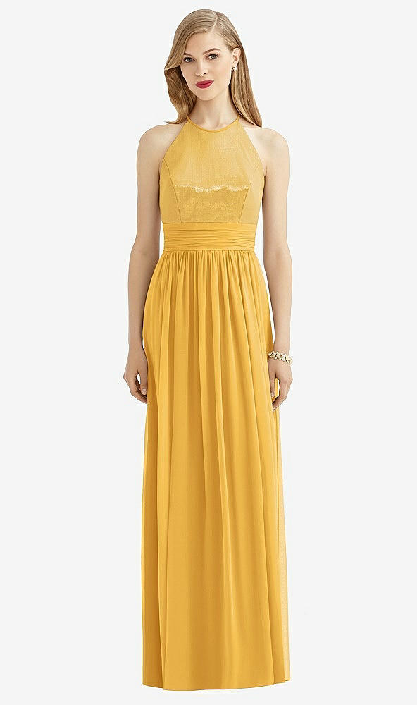 Front View - NYC Yellow Halter Lux Chiffon Sequin Bodice Dress