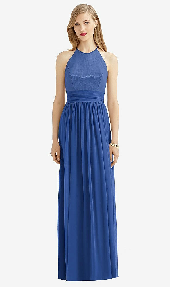 Front View - Classic Blue Halter Lux Chiffon Sequin Bodice Dress