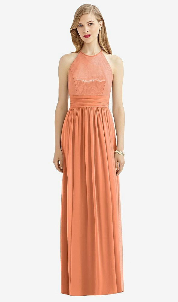 Front View - Sweet Melon Halter Lux Chiffon Sequin Bodice Dress
