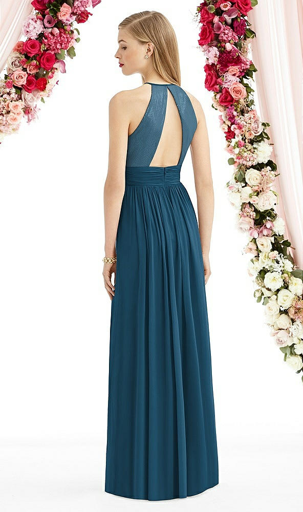 Back View - Atlantic Blue Halter Lux Chiffon Sequin Bodice Dress
