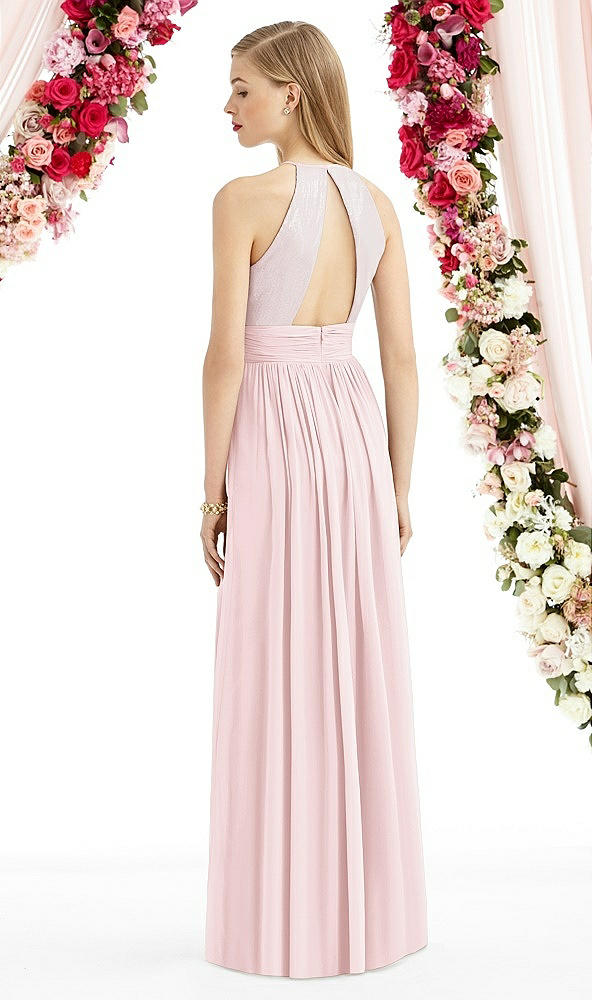 Back View - Ballet Pink Halter Lux Chiffon Sequin Bodice Dress