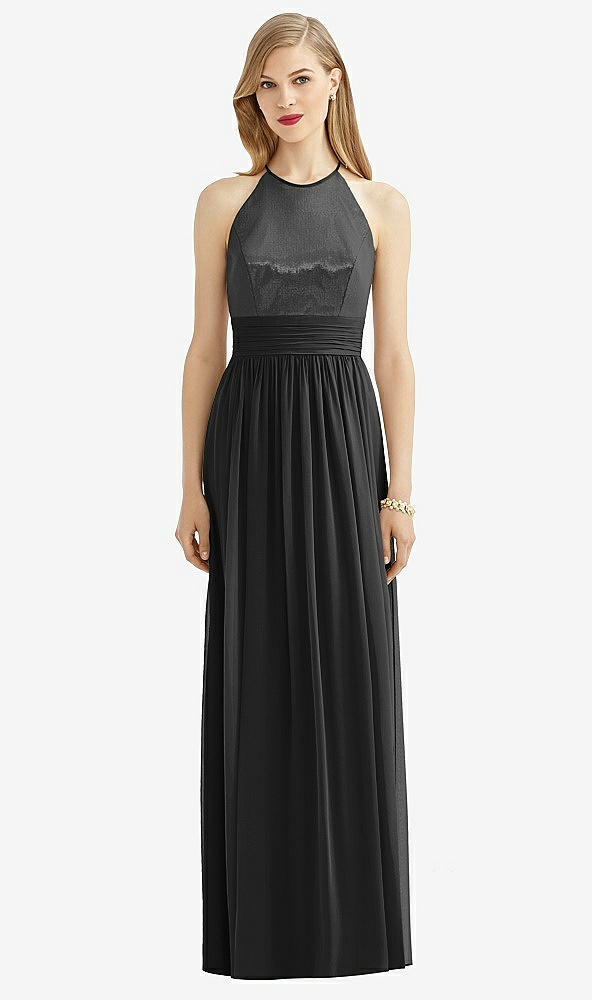 Front View - Black Halter Lux Chiffon Sequin Bodice Dress