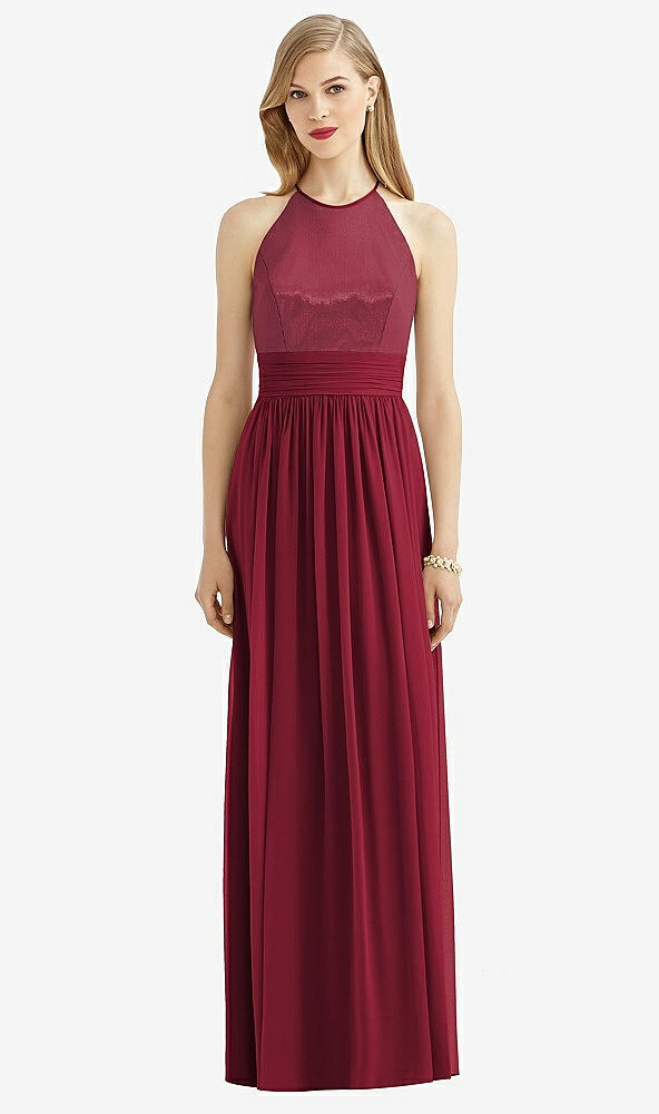 Front View - Burgundy Halter Lux Chiffon Sequin Bodice Dress