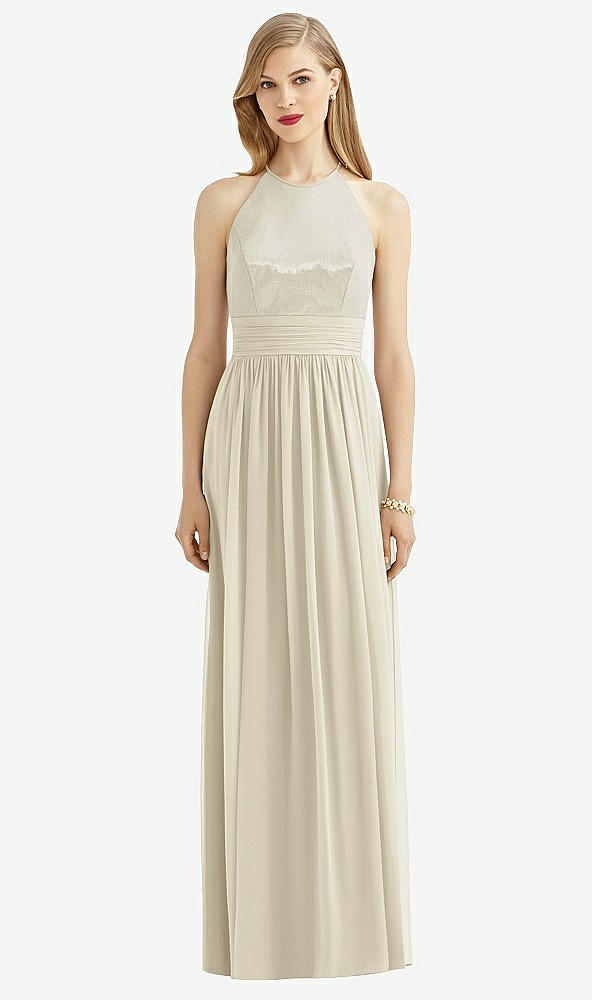 Front View - Champagne Halter Lux Chiffon Sequin Bodice Dress