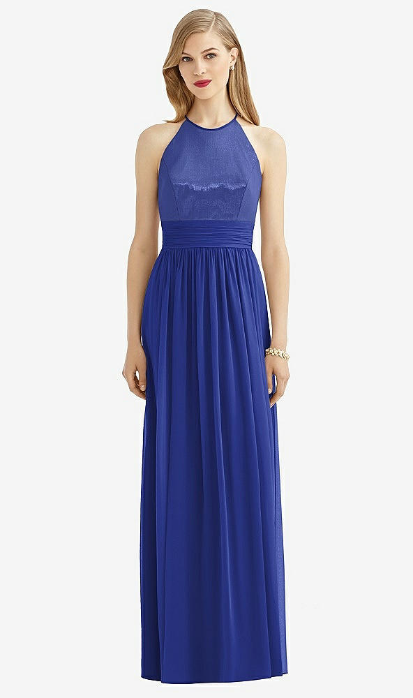 Front View - Cobalt Blue Halter Lux Chiffon Sequin Bodice Dress