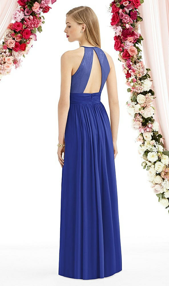Back View - Cobalt Blue Halter Lux Chiffon Sequin Bodice Dress