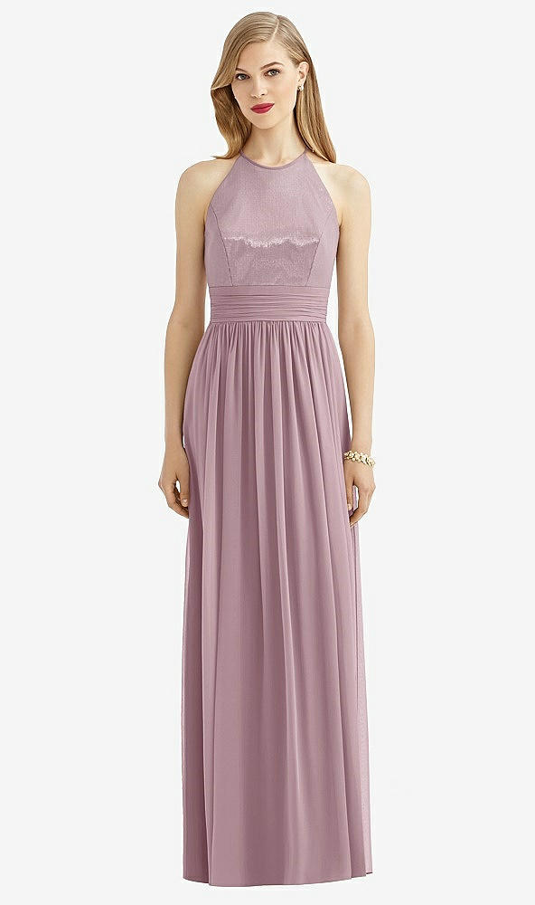 Front View - Dusty Rose Halter Lux Chiffon Sequin Bodice Dress
