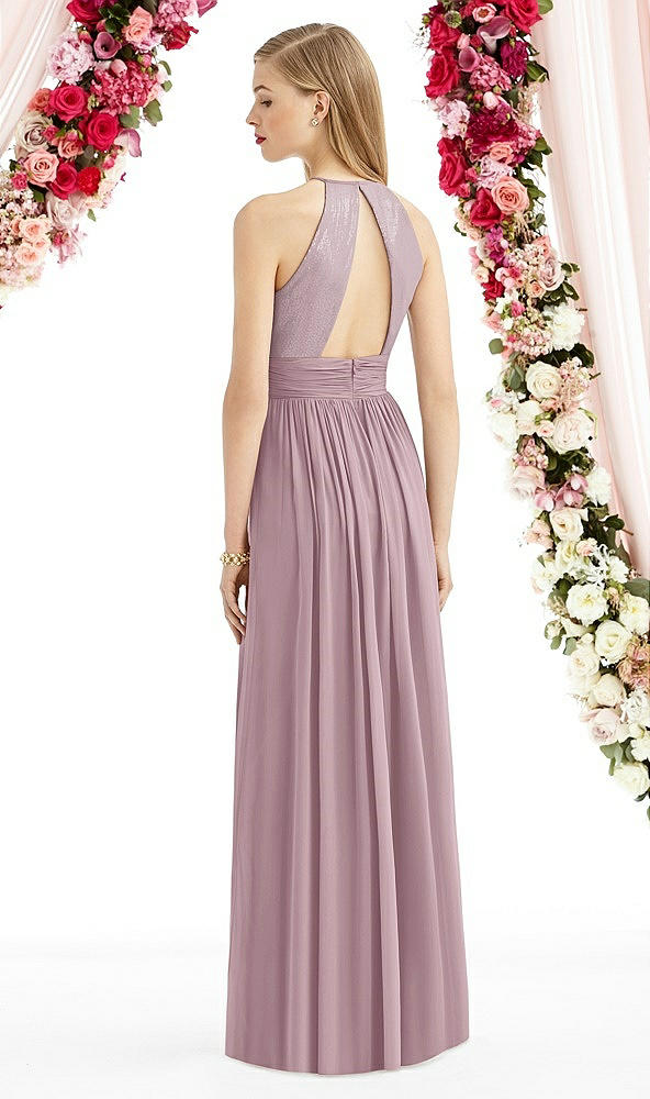 Back View - Dusty Rose Halter Lux Chiffon Sequin Bodice Dress