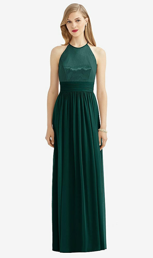 Front View - Evergreen Halter Lux Chiffon Sequin Bodice Dress