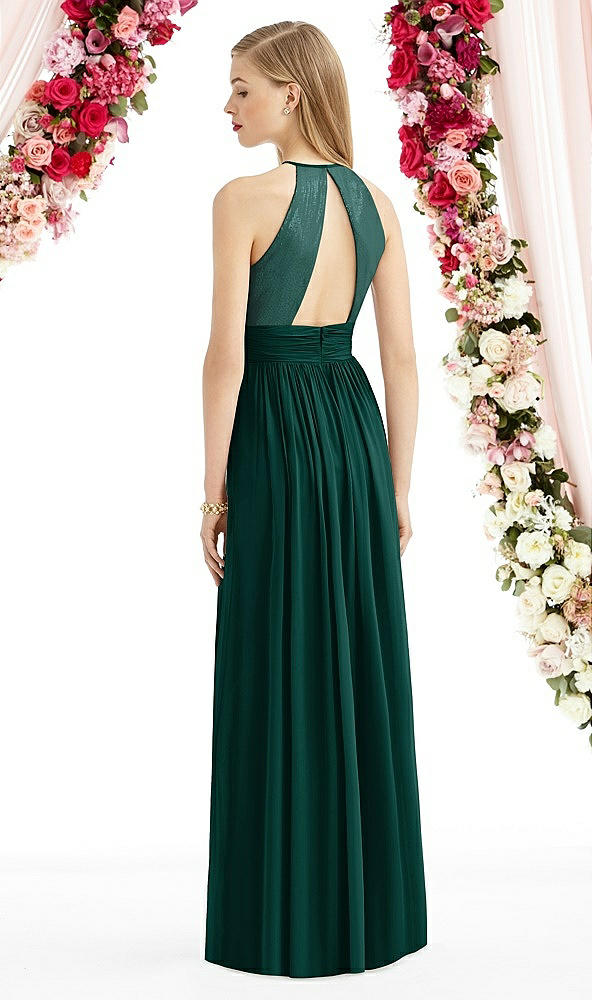 Back View - Evergreen Halter Lux Chiffon Sequin Bodice Dress