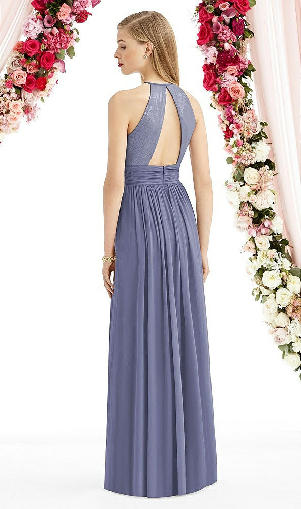 Back View - French Blue Halter Lux Chiffon Sequin Bodice Dress