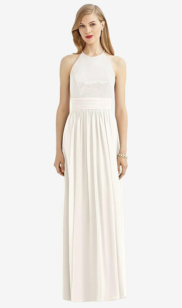 Front View - Ivory Halter Lux Chiffon Sequin Bodice Dress