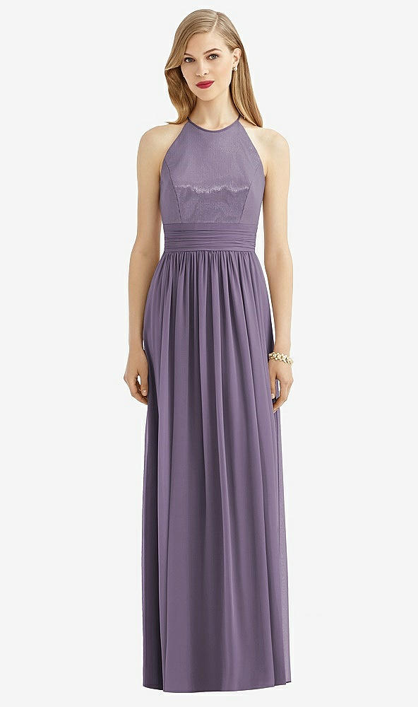 Front View - Lavender Halter Lux Chiffon Sequin Bodice Dress