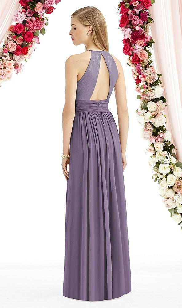 Back View - Lavender Halter Lux Chiffon Sequin Bodice Dress