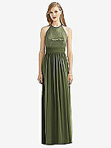 Front View Thumbnail - Olive Green Halter Lux Chiffon Sequin Bodice Dress