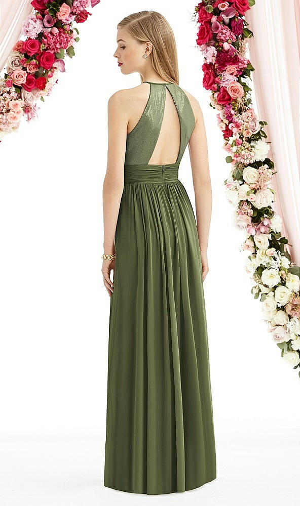 Back View - Olive Green Halter Lux Chiffon Sequin Bodice Dress