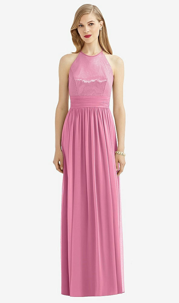 Front View - Orchid Pink Halter Lux Chiffon Sequin Bodice Dress