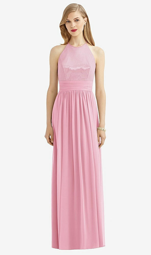 Front View - Peony Pink Halter Lux Chiffon Sequin Bodice Dress