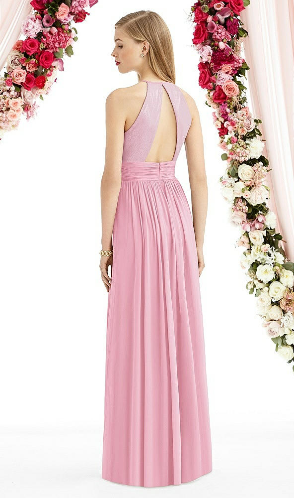 Back View - Peony Pink Halter Lux Chiffon Sequin Bodice Dress
