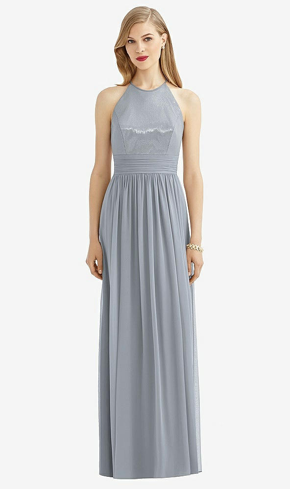 Front View - Platinum Halter Lux Chiffon Sequin Bodice Dress
