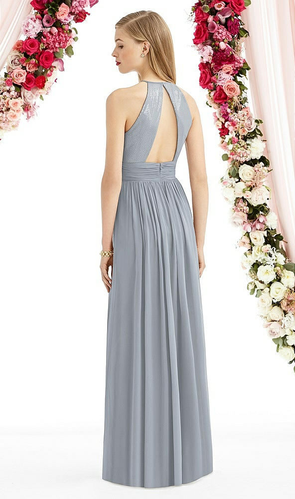 Back View - Platinum Halter Lux Chiffon Sequin Bodice Dress