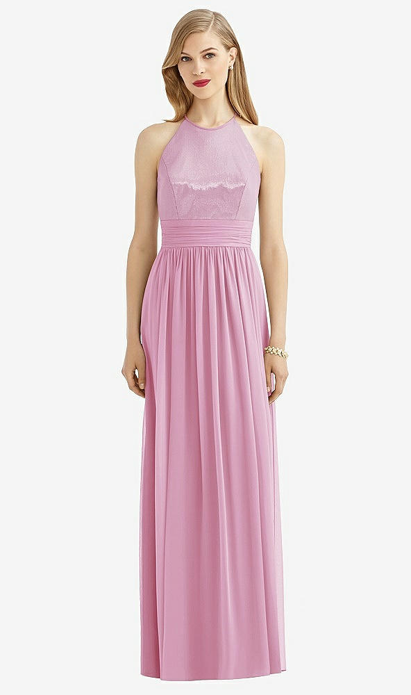 Front View - Powder Pink Halter Lux Chiffon Sequin Bodice Dress