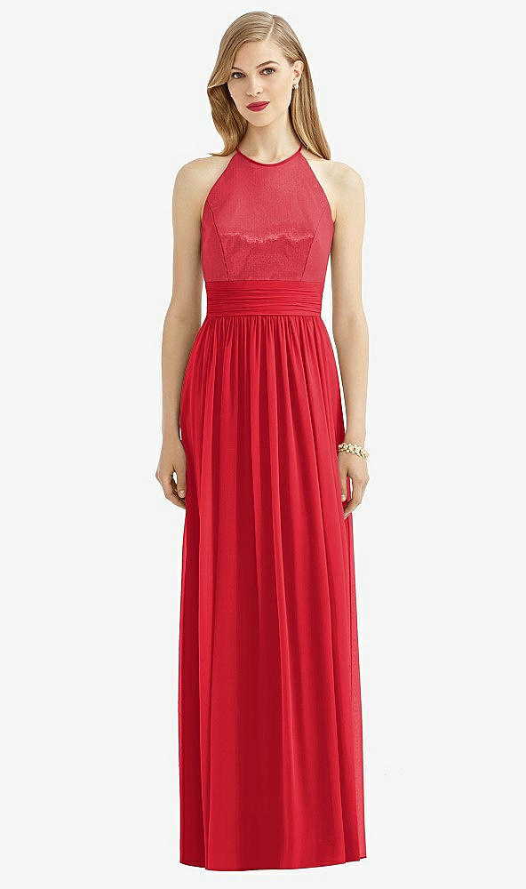 Front View - Parisian Red Halter Lux Chiffon Sequin Bodice Dress