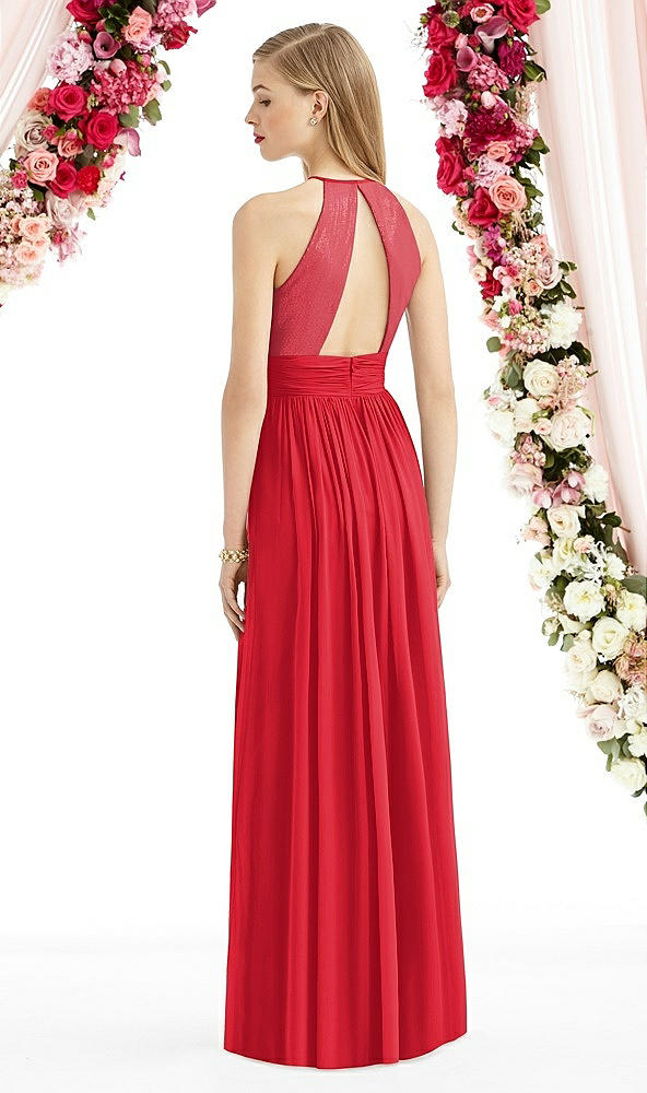 Back View - Parisian Red Halter Lux Chiffon Sequin Bodice Dress