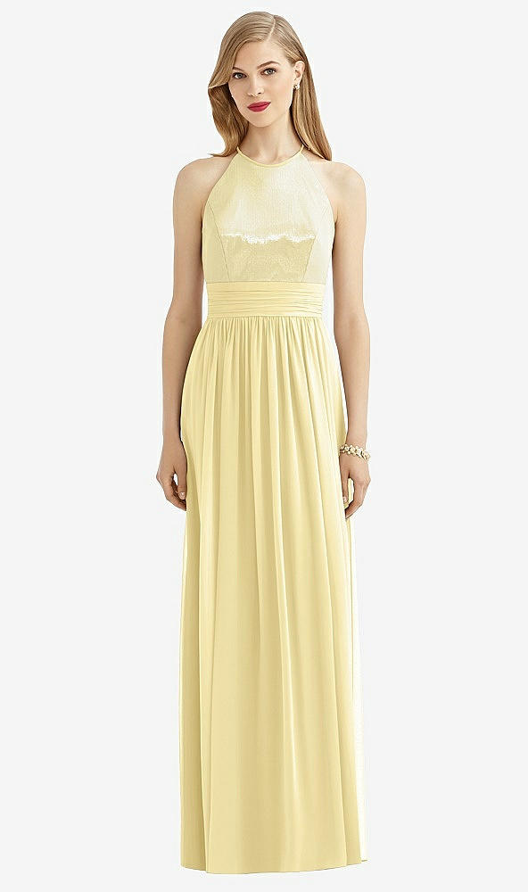 Front View - Pale Yellow Halter Lux Chiffon Sequin Bodice Dress
