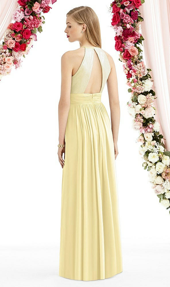 Back View - Pale Yellow Halter Lux Chiffon Sequin Bodice Dress