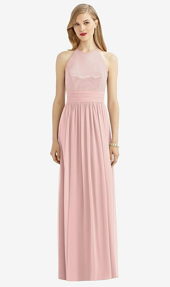 Front View - Rose - PANTONE Rose Quartz Halter Lux Chiffon Sequin Bodice Dress