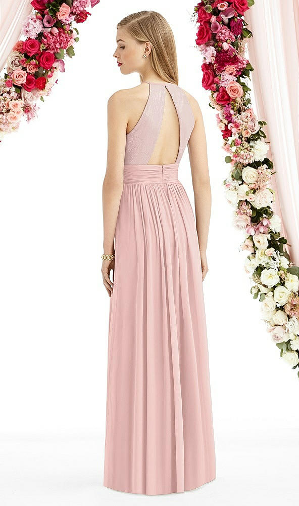 Back View - Rose - PANTONE Rose Quartz Halter Lux Chiffon Sequin Bodice Dress