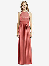 Front View Thumbnail - Coral Pink Halter Lux Chiffon Sequin Bodice Dress